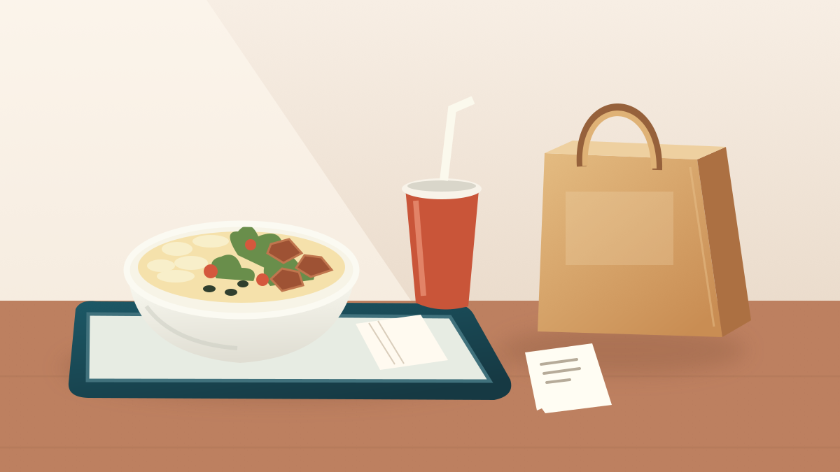 无品牌的碗餐、饮料放在托盘上，旁边是纸质外带袋与空白收据的插画